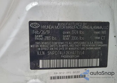 2019 Hyundai Elantra Se z USA, uszkodzony, nr VIN 5NPD74LF2KH473554